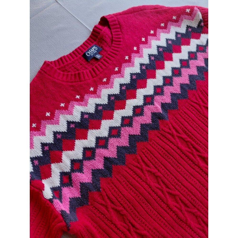 Chaps Fair Isle Cable Knit Sweater Top Med Pullover Crew Neck Soft Cozy Winter - Picture 5 of 10